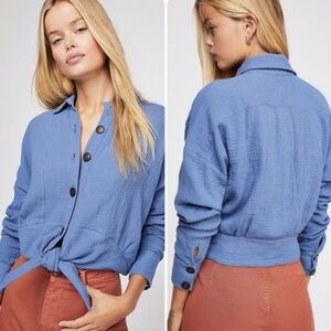 Free People Sunstreaks Tie Front Button Down Blouse Size Small Blue